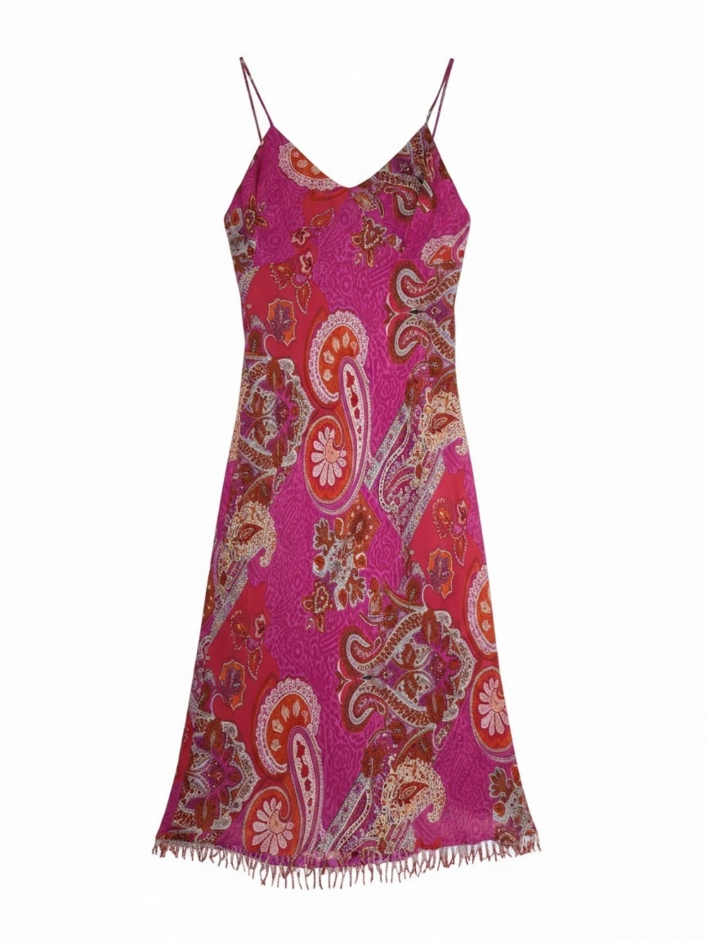 ✨ VINTAGE Mannequines 100% Silk Paisley Beaded Fringe Hem Slip Dress Size 10 ✨